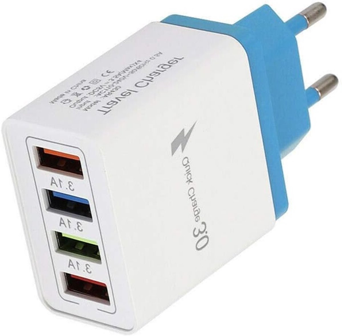 4-poorts USB oplader met 3.1A, snelle laadplug voor meerdere apparaten, ideaal voor reizen en universeel gebruik met smartphones, tablets en Bluetooth-accessoires.