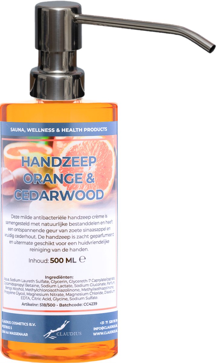 Handzeep Sweet Orange & Cedarwood 500 ml - met gratis RVS zilverkleurige pomp