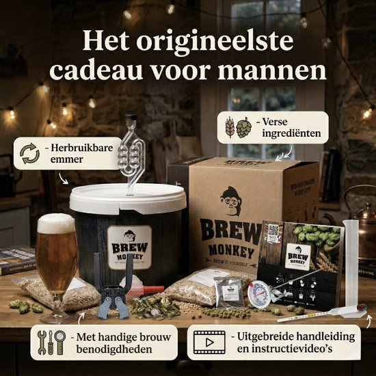 Brew Monkey bierbrouwpakket met zwarte emmer, glas, gist, hop, mout, thermometer, flesdoppen en handleiding.