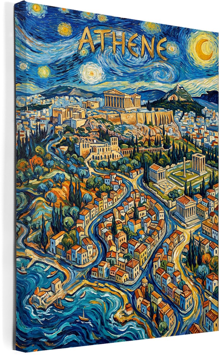 Stadsposter Athene wanddecoratie op canvas afmeting 75x100cm - stadskaart - plattegrond - schilderij stad - steden posters