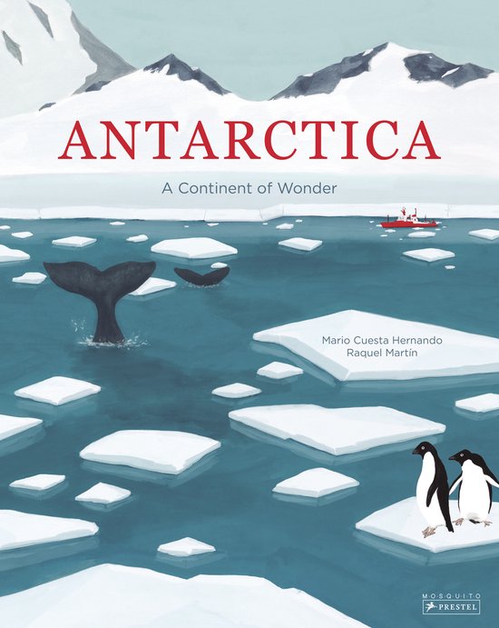 Boek 'Antarctica: A Continent of Wonder' met een schilderij van een walvisstaart, pinguïns en een schip in ijzig water.