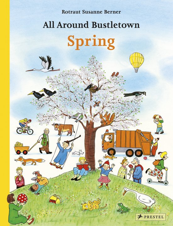 Boekomslag 'All Around Bustletown: Spring' met bloeiende boom, kinderen, dieren en vuilniswagen