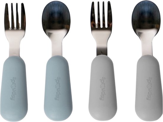 Couverts pour enfants Sproudsy - Bébé - 2 Cuillères et Fourchettes Bébé - Couverts Bébé - Sans BPA - Acier Inox - Blauw Grijs