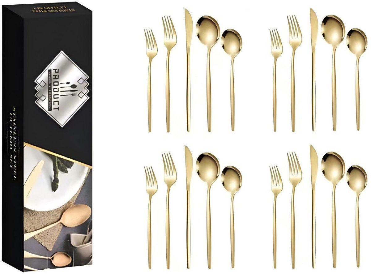 Gouden Bestekset 20 delig – RVS Bestek – 4 Personen – Luxe Goudkleurig Bestek – Duurzaam & Modern
