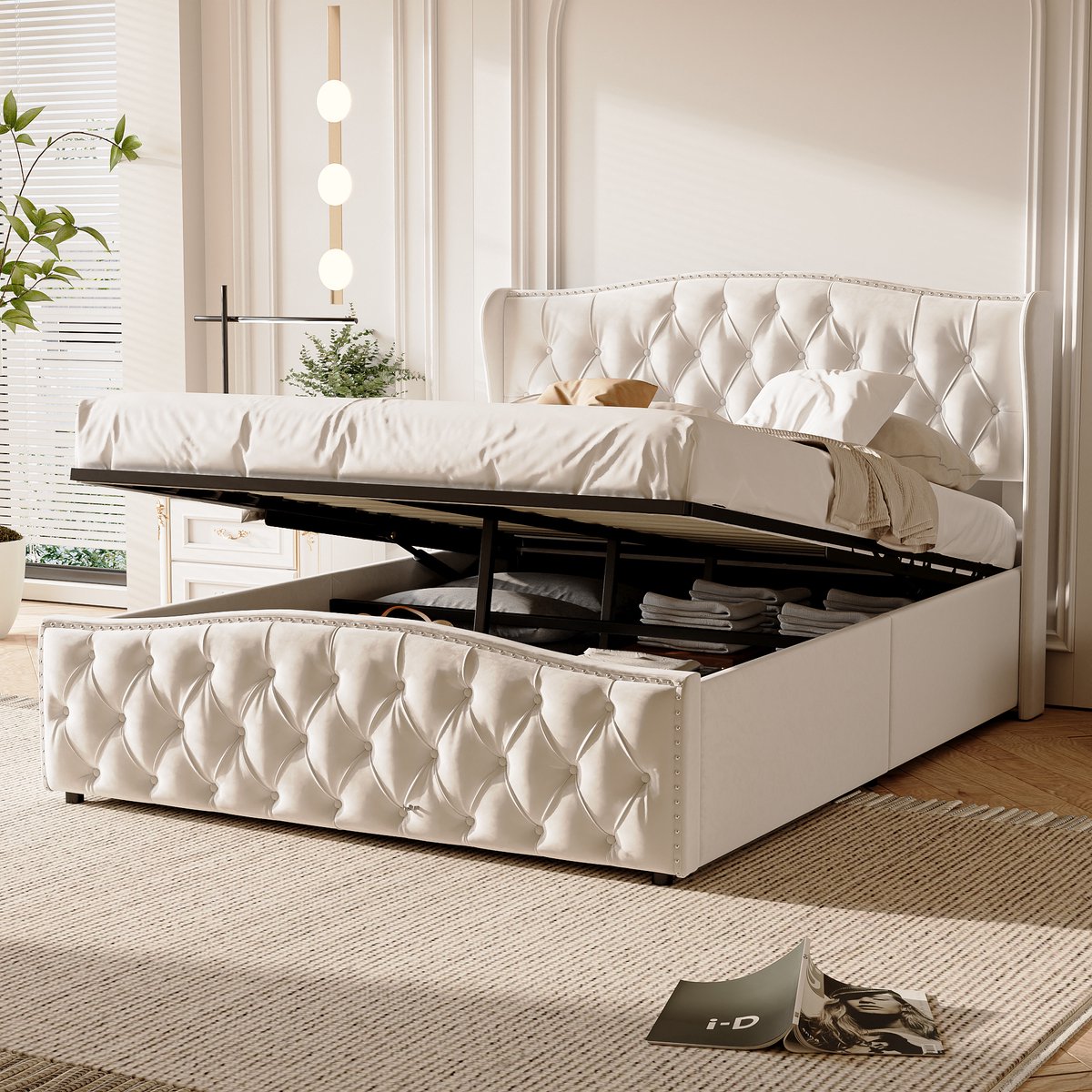 ROSAHQNDA Modern tweepersoonsbed met hydraulische rails, grote opbergruimte, gestoffeerd hoofdeinde, 140x200 cm, fluweel, beige