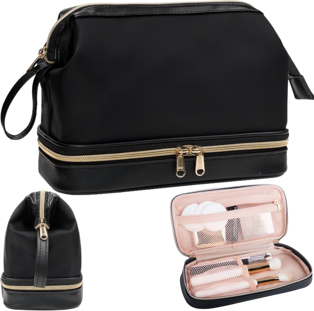 MONA WO-1017 - Make-up organizer - Zwart met Gouden Ritsen - Waterdichte Stof