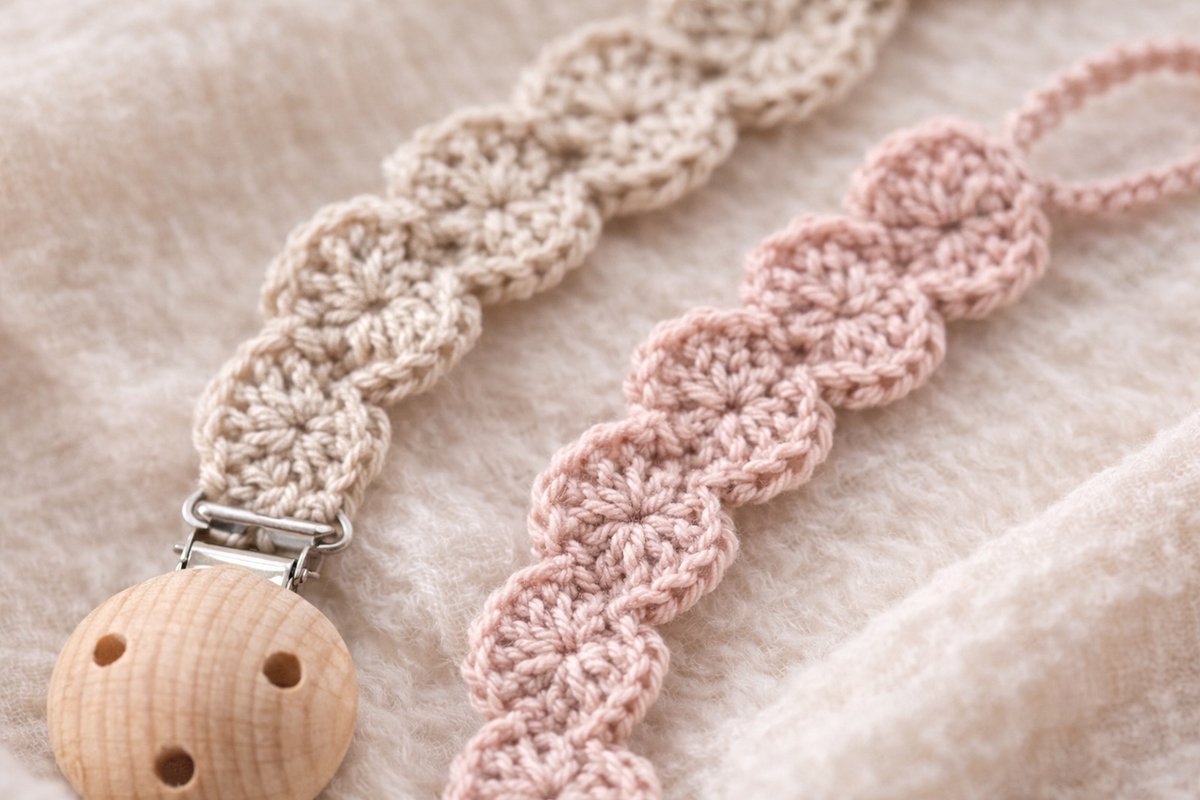 Haaksels&Kralen - Speenkoord bloem gehaakt - Kleur linnen - kraamkado - zwangerschap - baby geschenkset - babyshower - zwanger
