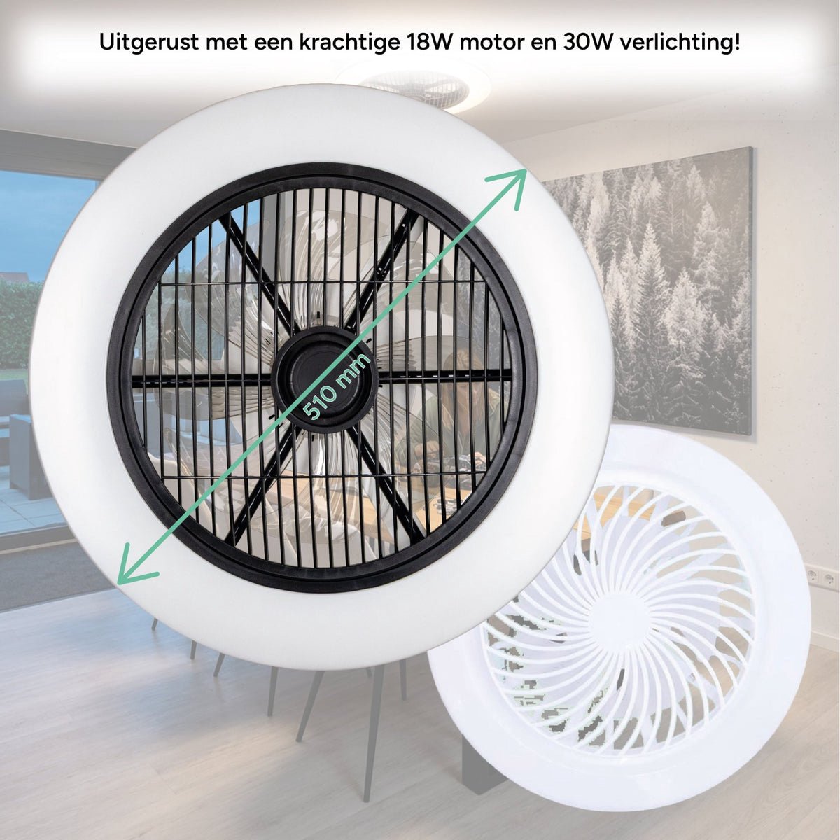 Proventa Plafondventilator met LED verlichting - Dimbaar met afstandsbediening - Plafondlampen met Ventilator & Lamp - Zwart Wit - Ventilatorlamp - Ventilatoren plafond - Plafonventilator thumbnail 8