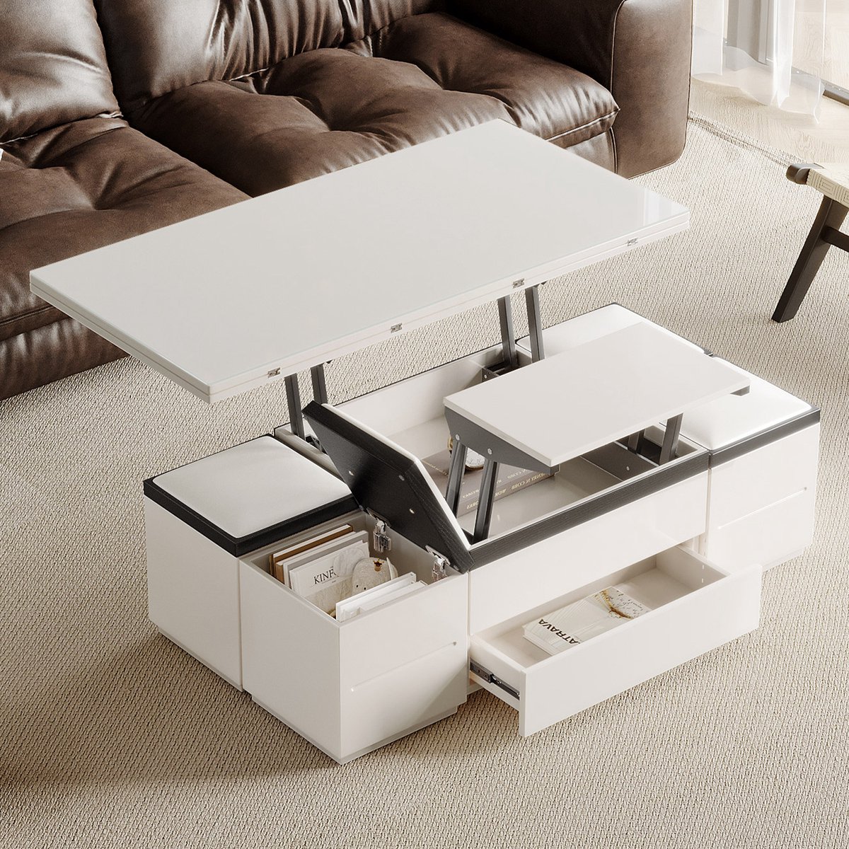 Guyii Modern Multifunctionele Salontafel met Opbergruimte - Verhoogbare Eettafel & Bureau - Inclusief 4 Krukken - Wit Hoogglans