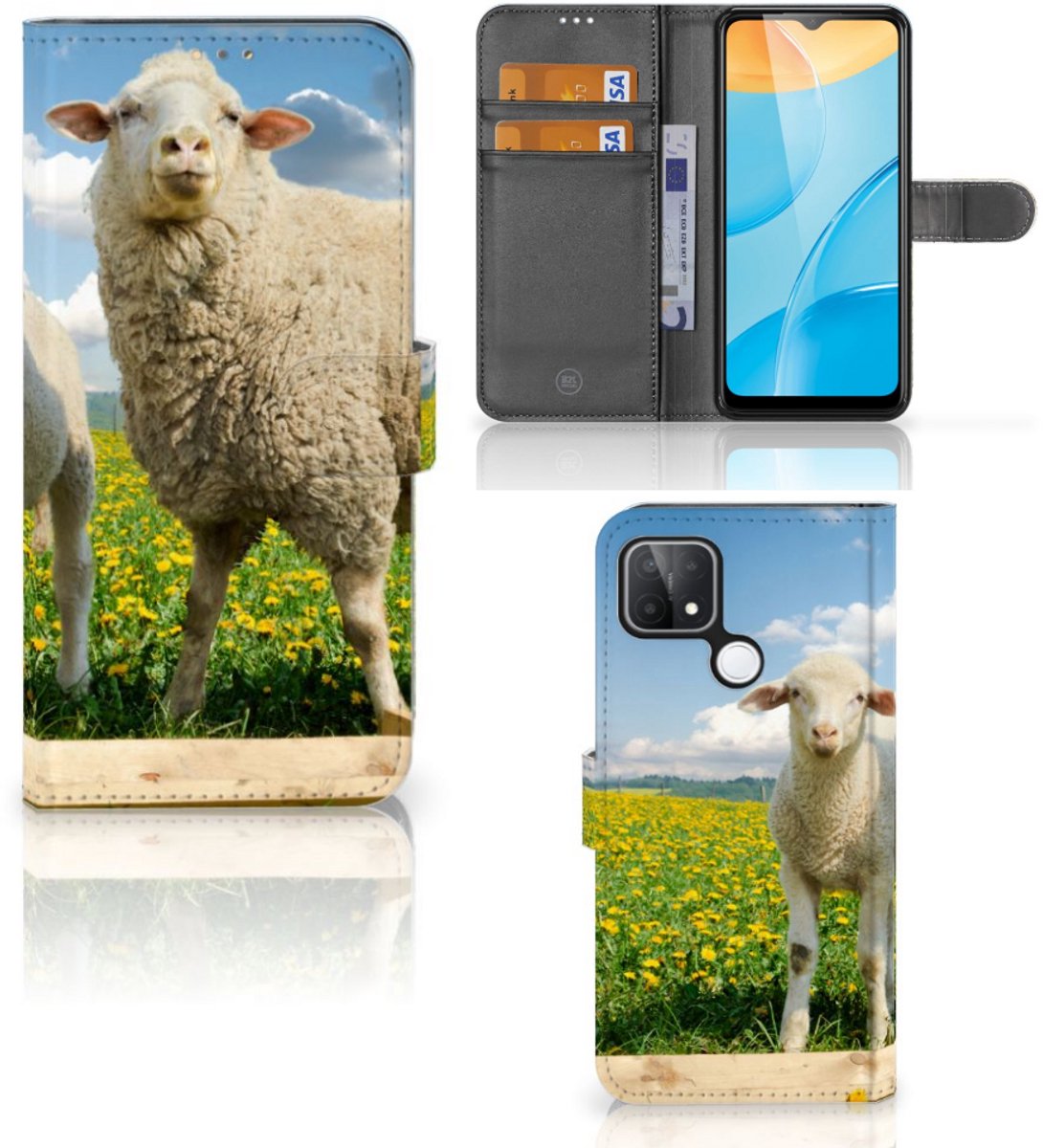 OPPO A15 Telefoonhoesje met Pasjes Schaap en Lammetje