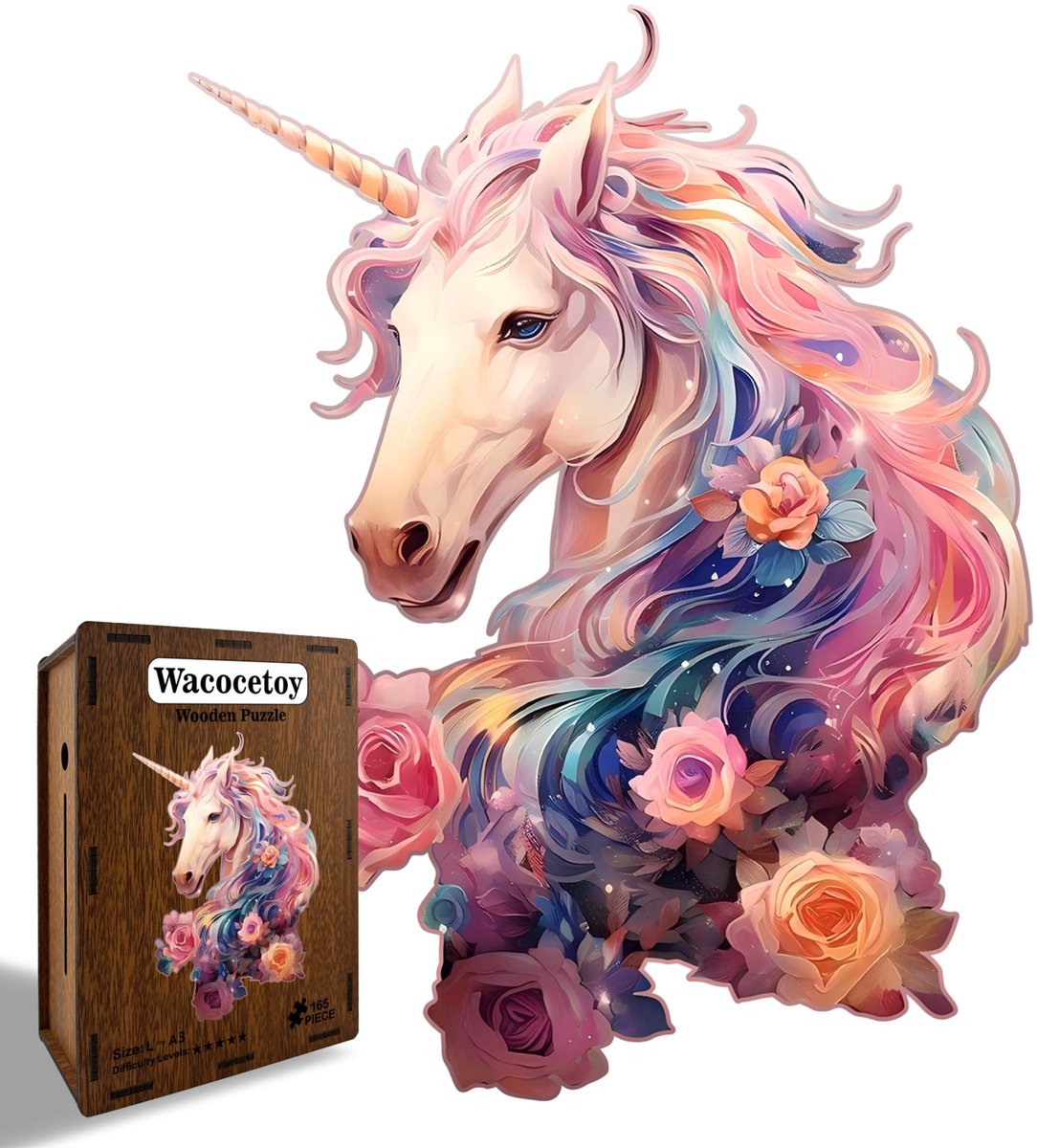 Kraftverdia Houten Puzzel voor Volwassenen 166 Stukjes – Eenhoorn – Unieke Vorm Puzzel