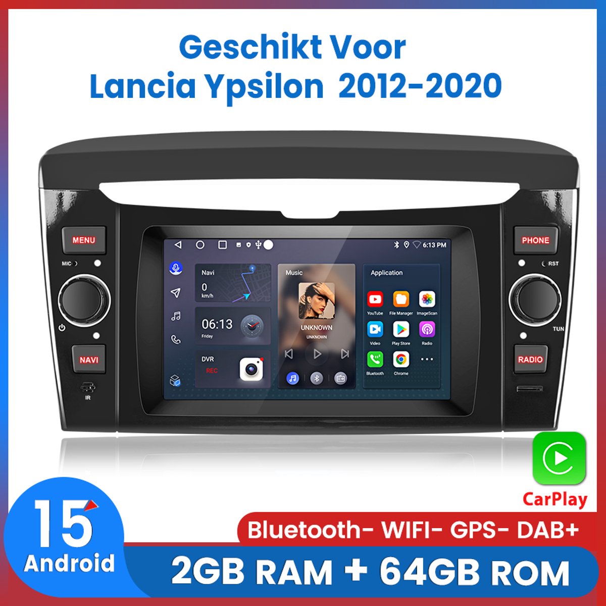 Awesafe Autoradio - Geschikt Voor Lancia Ypsilon 2012 t/m 2020 - Android 15.0 Systeem - Draadloos Carplay Android Auto - RAM 2GB + ROM 64GB - GPS RDS Bluetooth Wifi - Navigatie - Radio Scherm - 2012 2013 2014 2015 2016 2017 2018 2019 2020