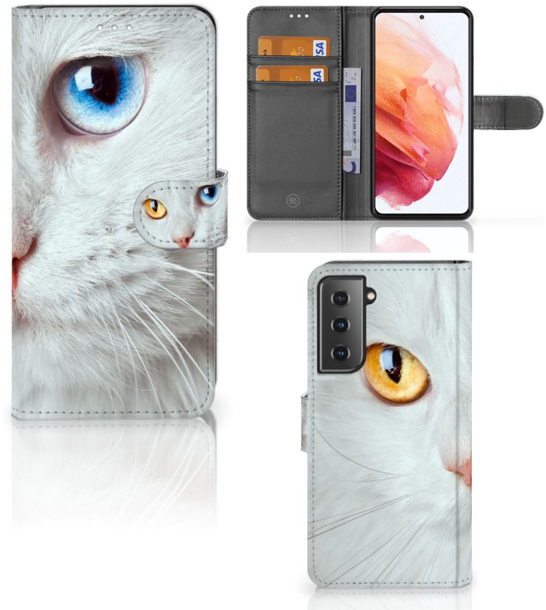 Samsung Galaxy S21 Telefoonhoesje met Pasjes Witte Kat