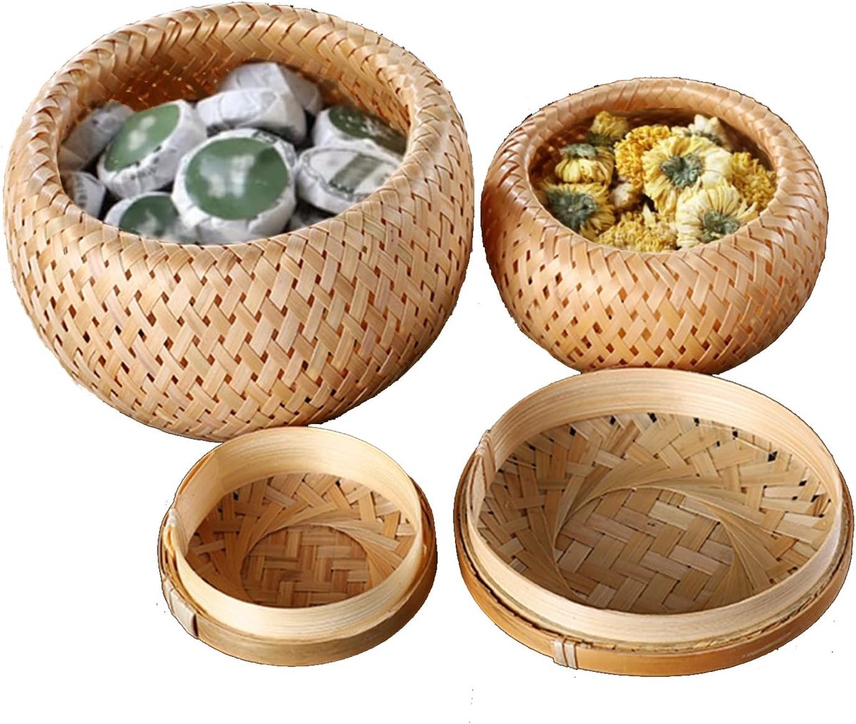 Ronde Bamboe Opbergdozen met Deksel - Set van 2 Handgemaakte Mandjes