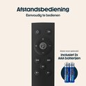 Zwarte afstandsbediening met duidelijke knoppen en inclusief 2 AAA batterijen.