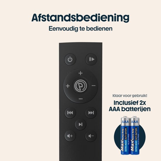 Zwarte afstandsbediening met duidelijke knoppen en inclusief 2 AAA batterijen.