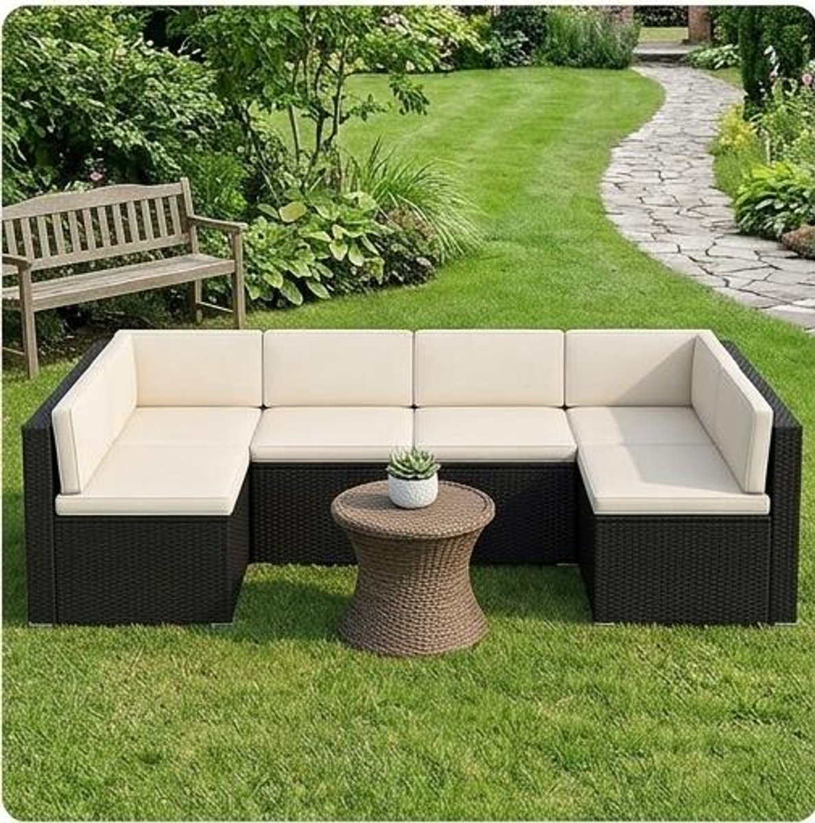 Tuinmeubelset 5-delig Polyrotan Loungeset 4-5 Personen met Hoekbank, Stoel en Tafel 181,5x129,5x71 cm – Zwart/Beige Balkon en Terras Meubelen Weerbestendig – Urbanhome