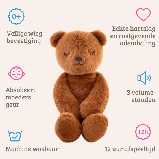 Lulla Bear Slaapknuffel Bruin – met natuurlijke hartslag & ademhaling – Slaaphulp – Werkt tot 12 uur – Hypoallergeen & Wasbaar – Voor Baby, Prematuur & Kind van Lulla doll — afbeelding 5