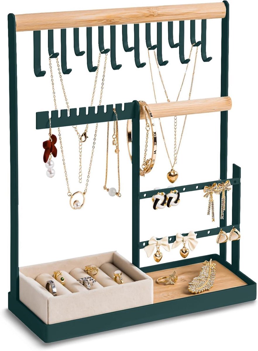 Sieraden Organizer - Juwelen Toren - Sieraden Opbergen - Vier Lagen - 22 x 10 x 26 cm - Groen