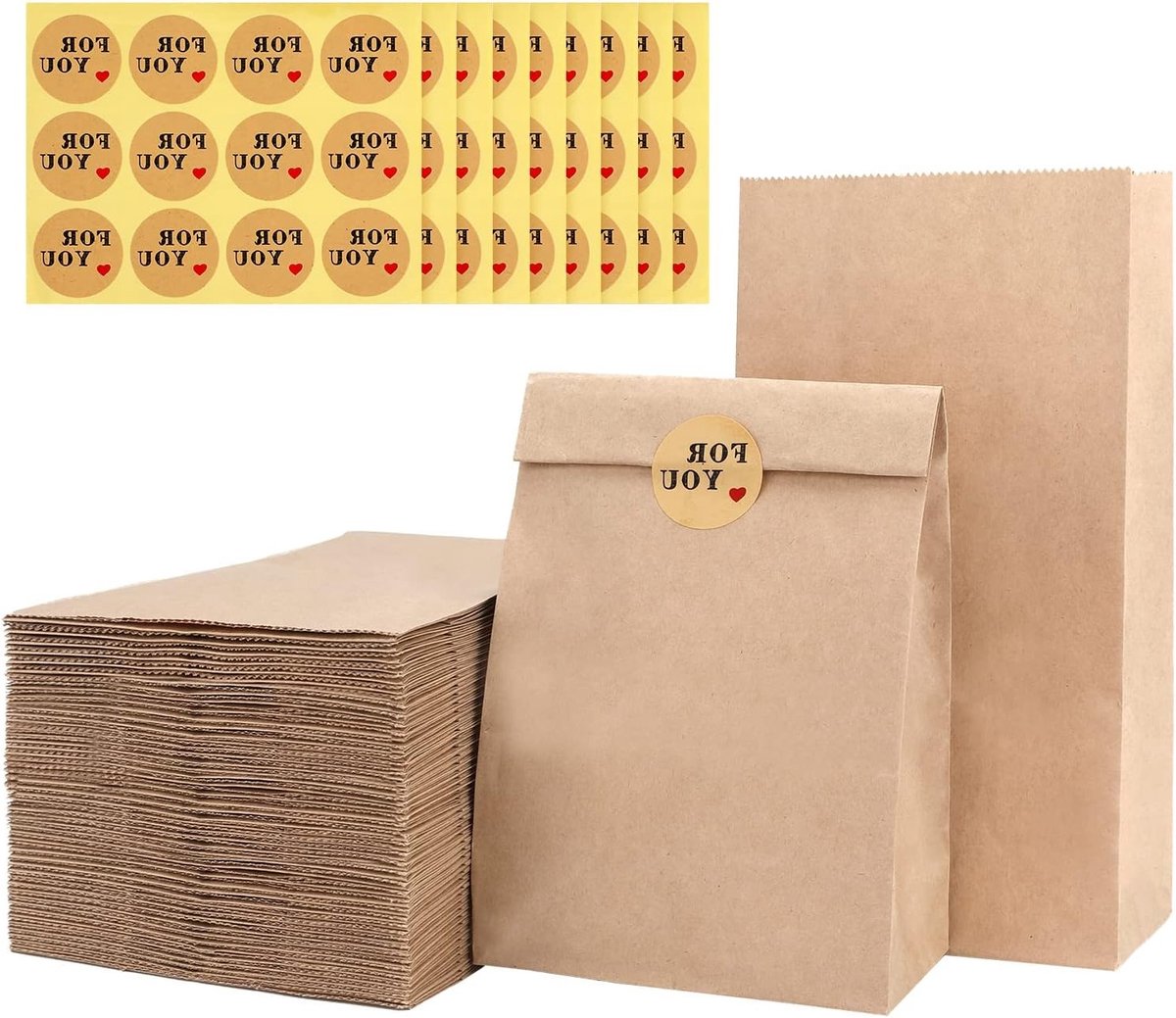 Set van 50 Bruine Papieren Tassen, Klein 13 x 8 x 24 cm, Kraft Papier, Cadeautassen voor Verjaardagen en Feestjes