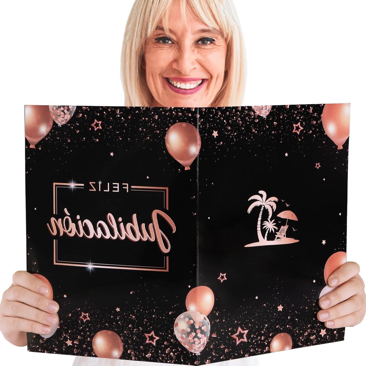 Feliz Jubileción Verjaardag Decoratie in Roségoud, Vouwkaart met Envelop, Perfect Cadeau voor Pensioen en Jubileum