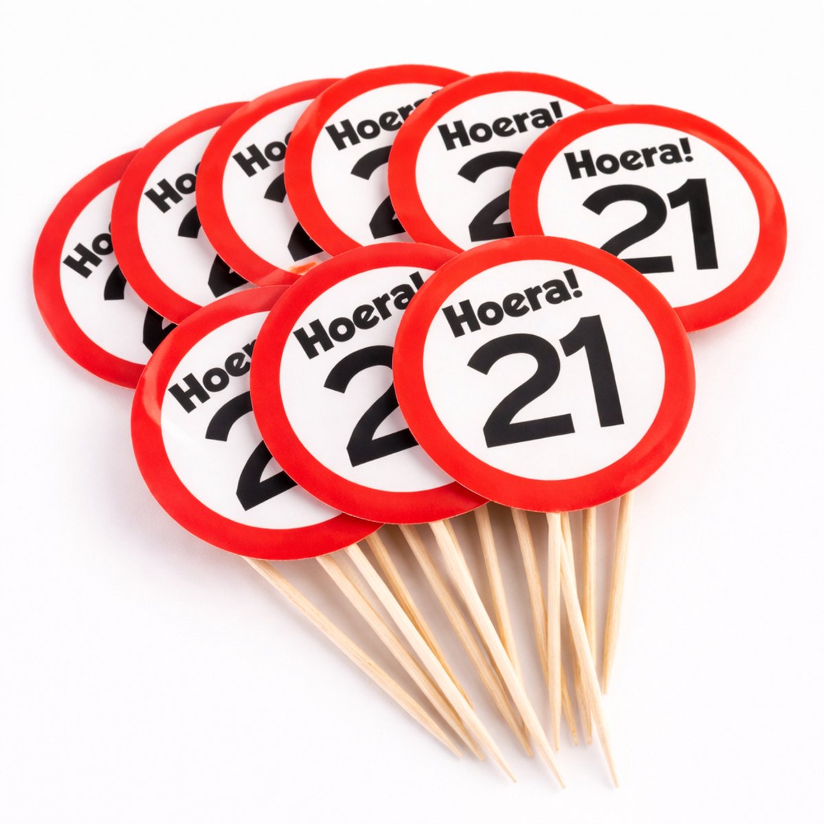 Party Picks 21 Jaar – 12 Stuks – Cupcake Toppers – Verjaardag Decoratie – Hoera 21 – Rood/Wit