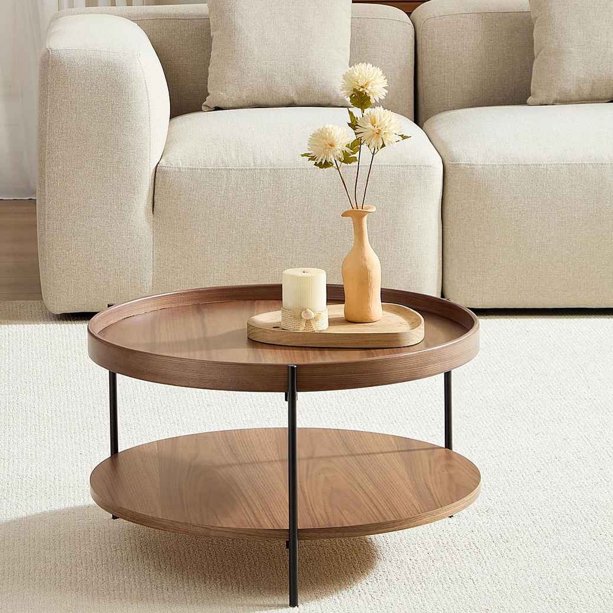 NJLYUHOME Home - Ronde salontafel met 2 opbergniveaus - Ø69 x 38 cm - MDF met echthout fineer - Zwarte metalen poten