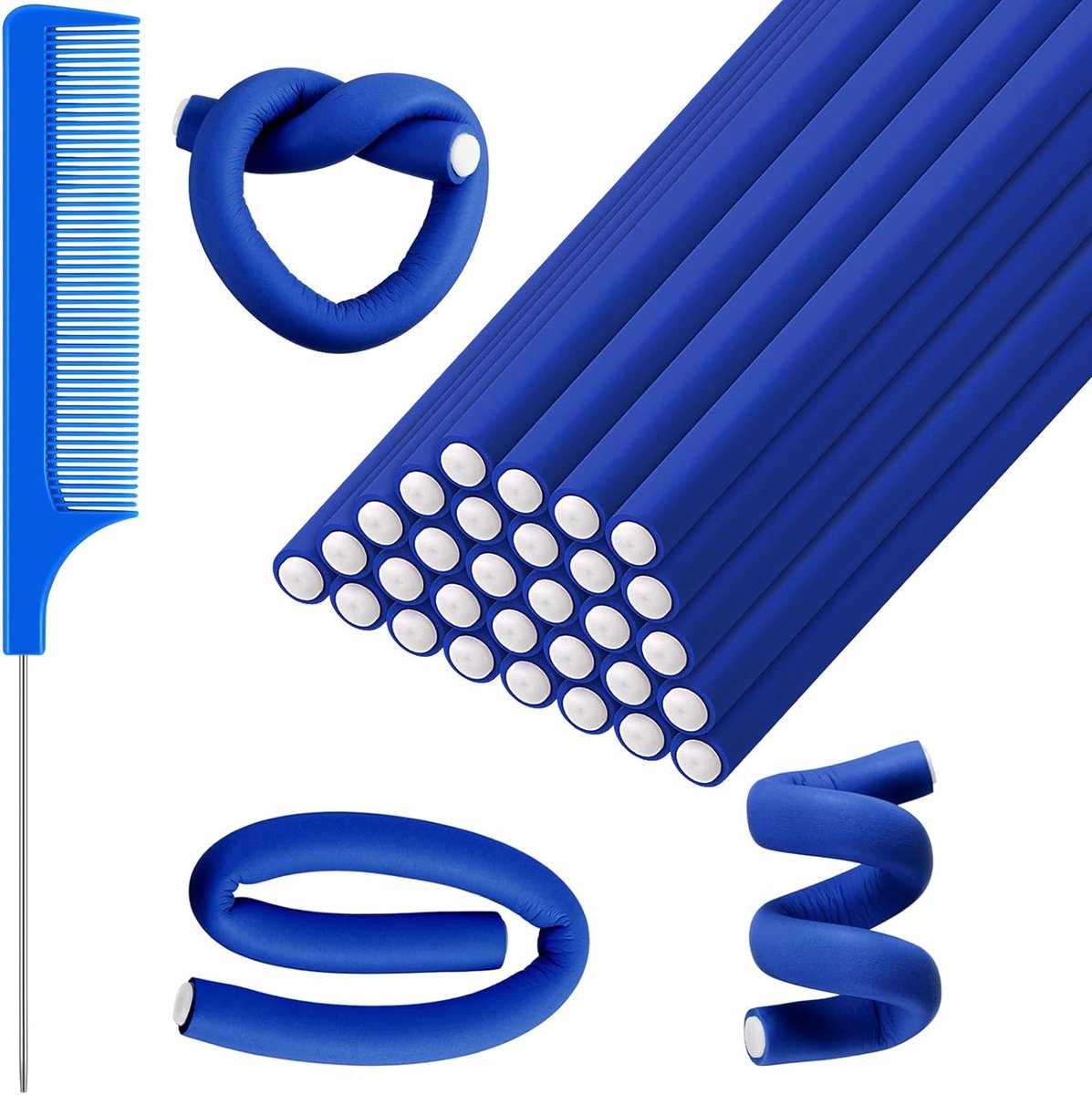 Flexibele Haarrollers zonder Hitte - 30 Stuks Schuimrollers voor Krullen met Stalen Pintail Kam voor Lang en Kort Haar - Ideaal voor Dames en Meisjes