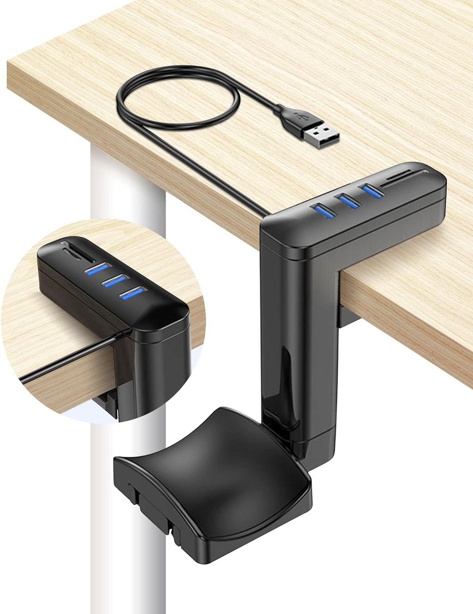 Hoofdtelefoonhouder Bureau - Headset Stand - Bureau Organisatie - 3 USB Poorten - 1.2m Kabel - Wit
