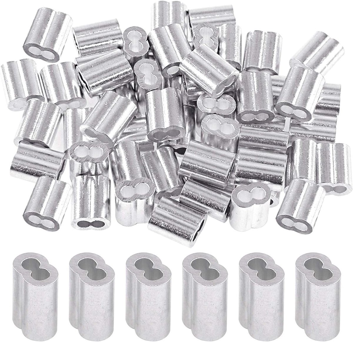 150 Stuks 1/8'' (3mm) Aluminium Krimpkousen voor Draad en Kabel - Dubbel Barrel Ferrules voor Sterke Bevestiging