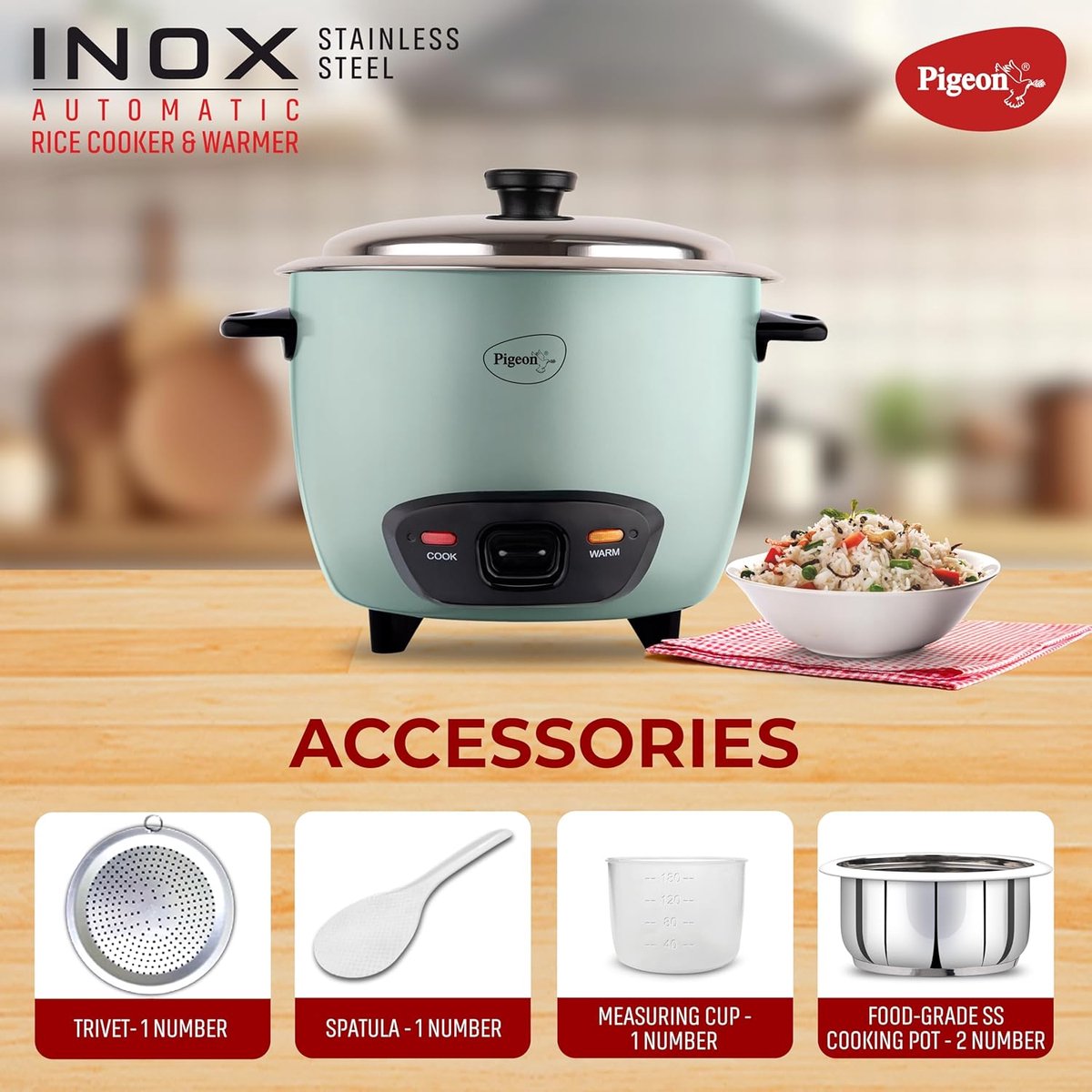 Pigeon Stainless Steel Automatic Electric Rice Cooker (Blue) (1.8L) thumbnail 3
