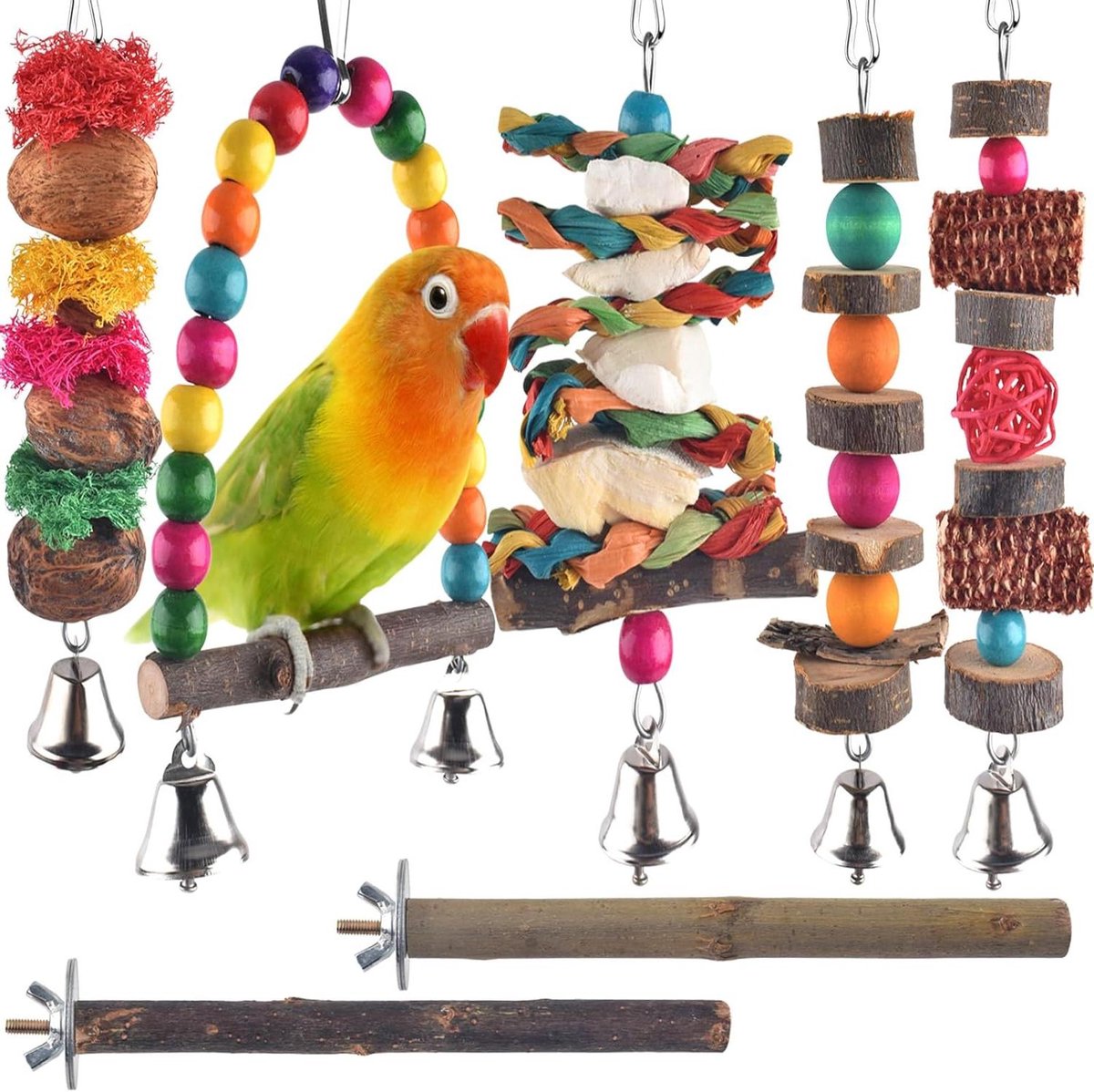 Vogel Kauwspeelgoed - Parkiet Speelgoed - Vogels Bezig Houden - Natuurlijke Materialen - 7 Stuks - Natuurlijk