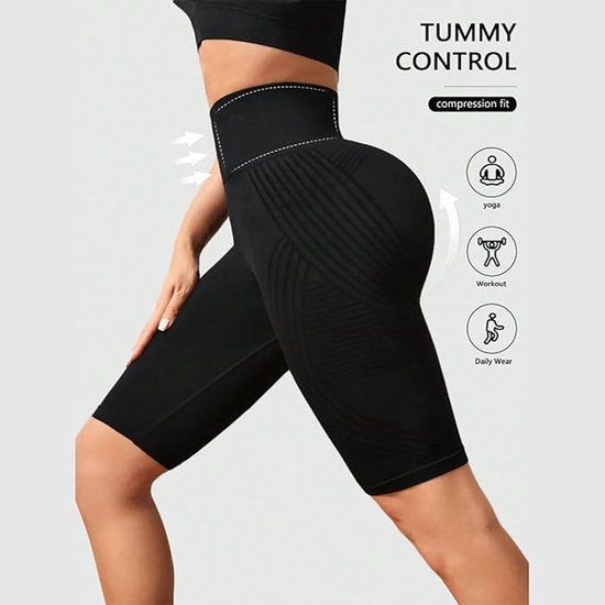 Yogabroek - Compressielegging - Damesbroek met hoge taille en heupliftend effect - Korte legging - Fitness yogabroek met taille-accentuering, sportkleding, dames yogashorts, geschikt voor zomersporten, yoga, fietsen, wandelen, zwart, maat L — afbeelding 3