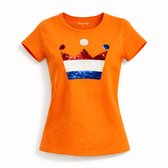 T-shirt slim fit femme drapeau néerlandais couronne avec séquence magique | Vêtements pour la Fête du Roi| Hollande | Championnats d'Europe - Championnats du monde - Jeux olympiques | Orange | taille L.