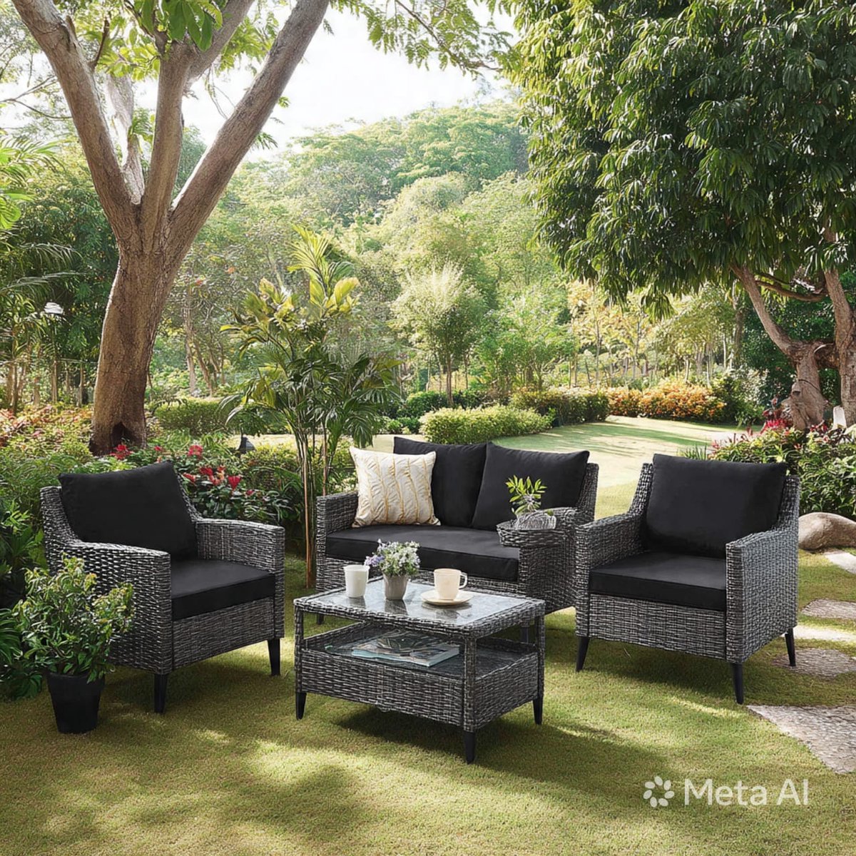 Tuinmeubelset 4-delig Polyrotan Loungeset met 2 Stoelen, 2-Zitsbank en Tafel 160x90x75 cm – Bruin/Taupe Balkon en Terras Meubelen Weerbestendig met Kussens – Urbanhome