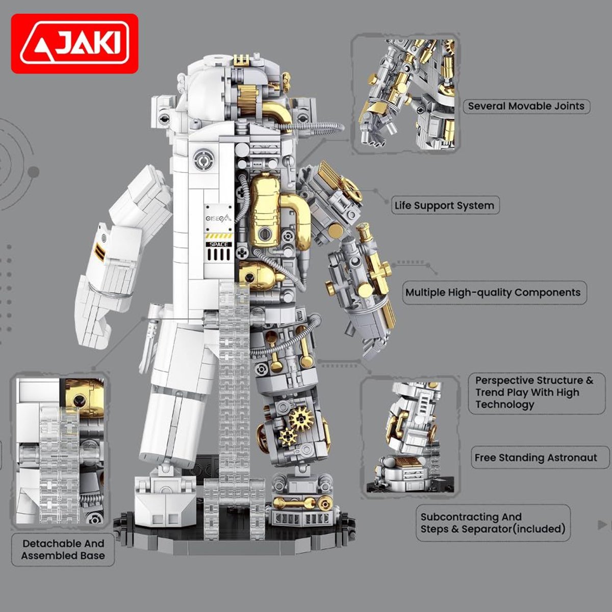 Jaki - Astronaut Ruimtevaarder | Artemis Space Wars Expert | Classic Creator STEM ideas speelgoed | Compatible met lego mould king mega bloks | Technic nasa ruimte robot bouwpakket | 1078 bouwstenen — afbeelding 6