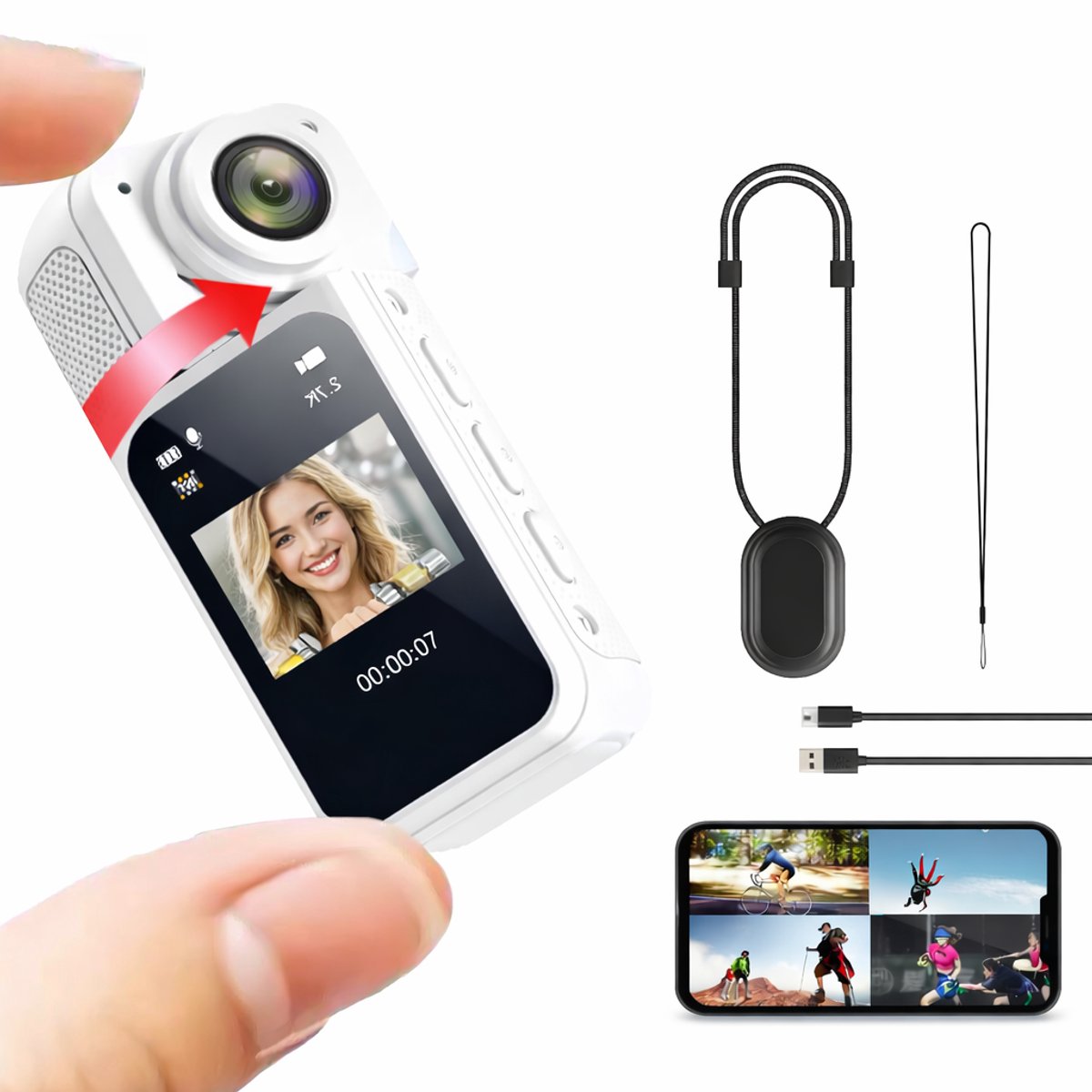 Aventrix Mini Action Camera – Bodycam 1080P Full HD – 180° Draaibaar – Met Display – Wit – Sportcamera – Recorder – Voor Fiets, Motor, Beveiliging, Vloggen