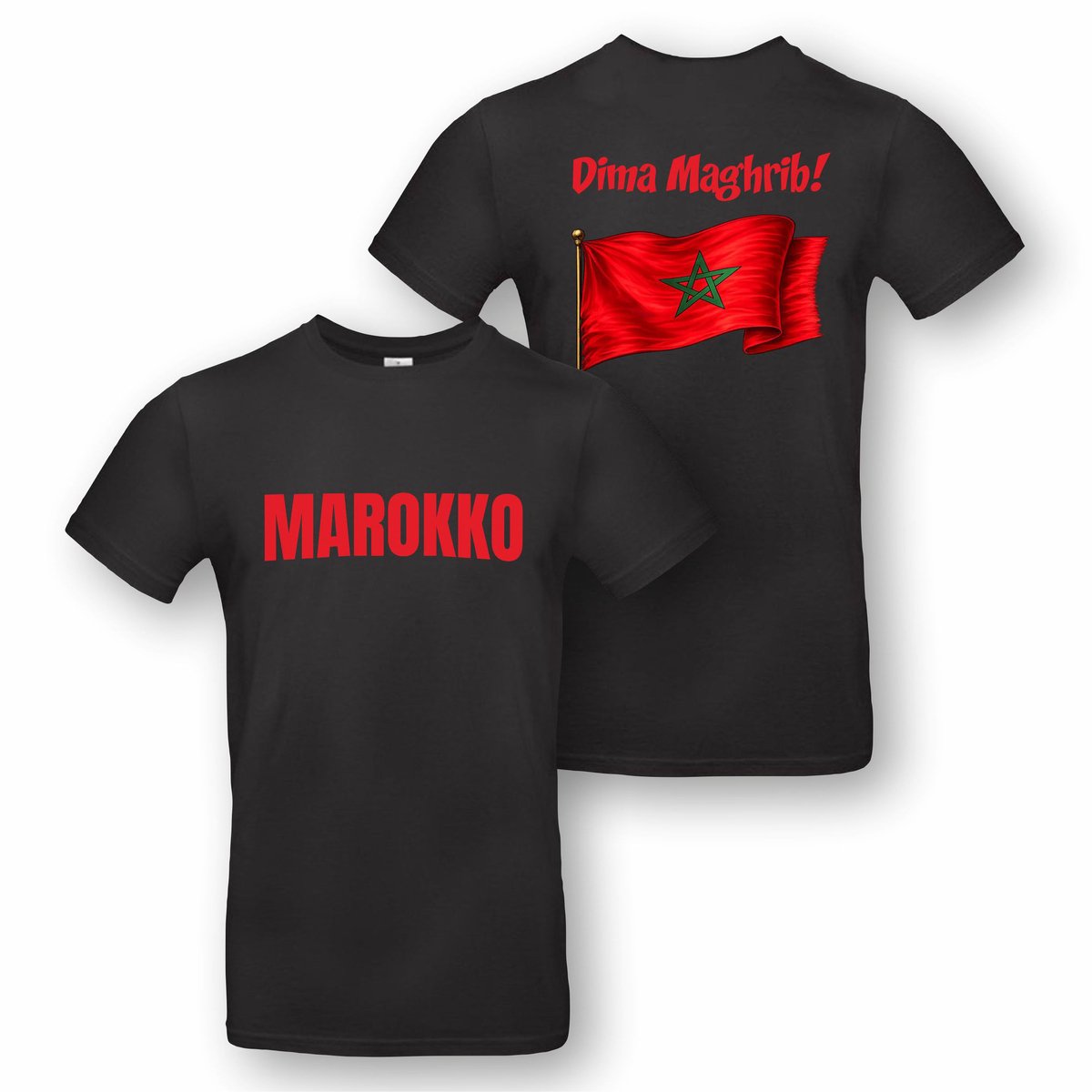 Zwart t-shirt met "Marokko" en "Dima Magrib!" - maat S - WK 2026, shirt, Marokko, rood, rode, vlag, maroc, morocco, atlas lions, voetbal, supporters, voetbalfan, unisex, cadeautje