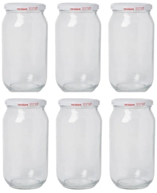 Van coos&aar | Glazen pot 1 liter met witte twist-off deksel - weckpot set van 6 stuks - voorraad pot- voedsel bewaren - Glas - Draaideksel