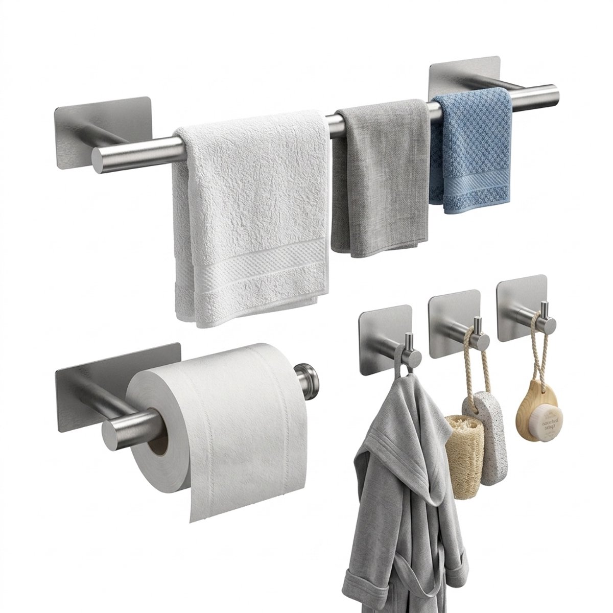 Hearyoo Badkamer Accessoires Set 5-Delig - Handdoekrek met Haken - RVS - Zonder Boren