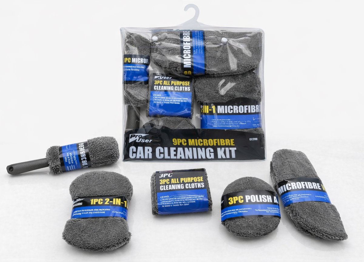 TLVX Car Cleaning Kit / Auto Schoonmaak set / Krasvrij Wassen / Professionele Autoreiniging / Velgen Schoonmaken / Zachte Velg Borstel / Microvezel Washand / Spons / Doeken / Polish Pads / Interieur / Exterieur / Velgen en Banden / 9-Delig