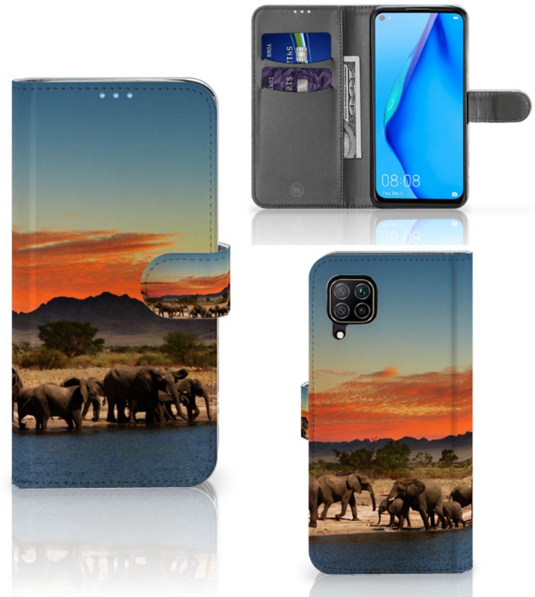 Huawei P40 Lite Telefoonhoesje met Pasjes Olifanten