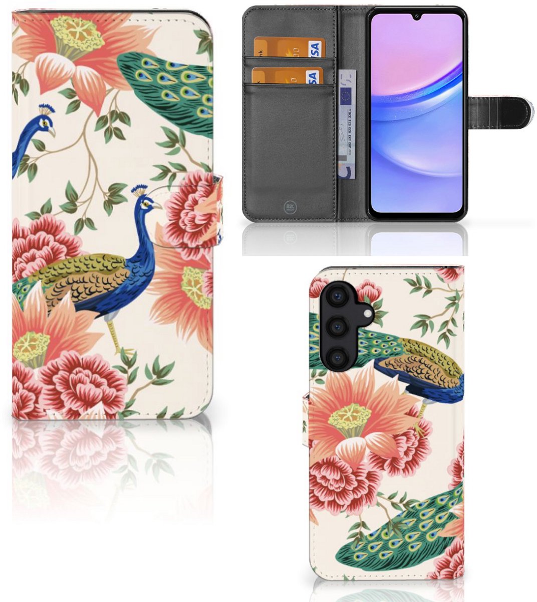 Telefoonhoesje met Pasjes voor Samsung Galaxy A15 Pink Peacock