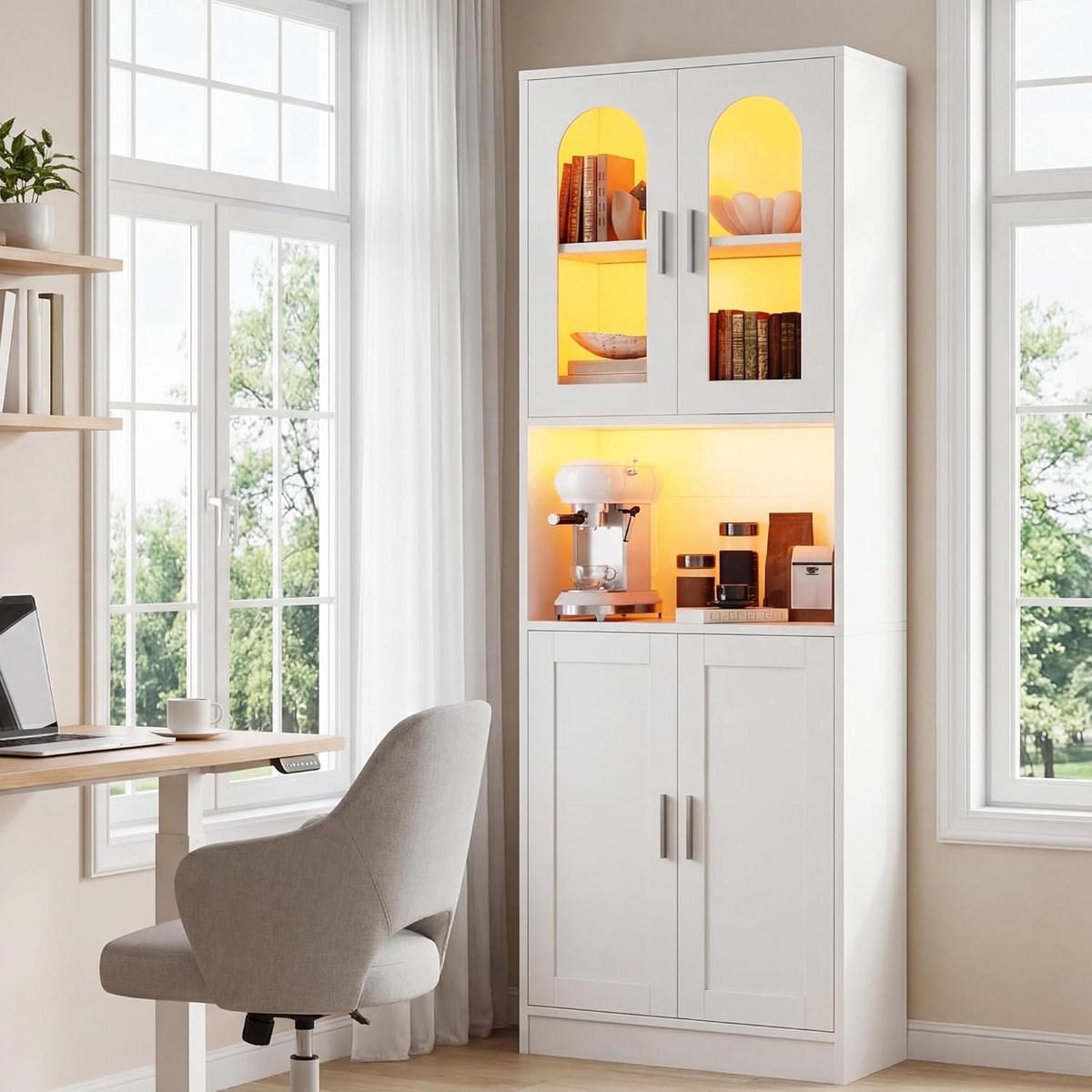 Moderne Verlichte Boekenkast met Glazen Deuren, Display Planken en Opbergkast 170 x 30 x 60 cm