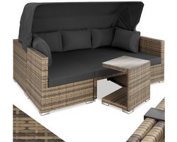 tectake® - Wicker zonneeiland zitgroep, loungemeubelset inclusief bank met zonnekap, kruk, fauteuils en tafel, tuinmeubilair, loungemeubel balkon en tuin, terrasmeubilair, weerbestendig - natuurkleur/beige