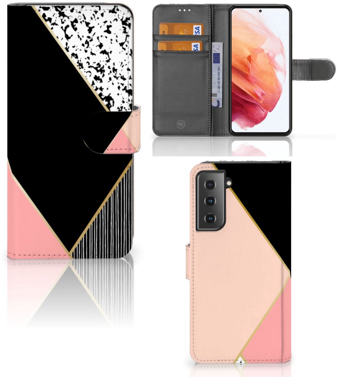 Boekhoesje voor Samsung Galaxy S21 Book Case Zwart Roze Vormen