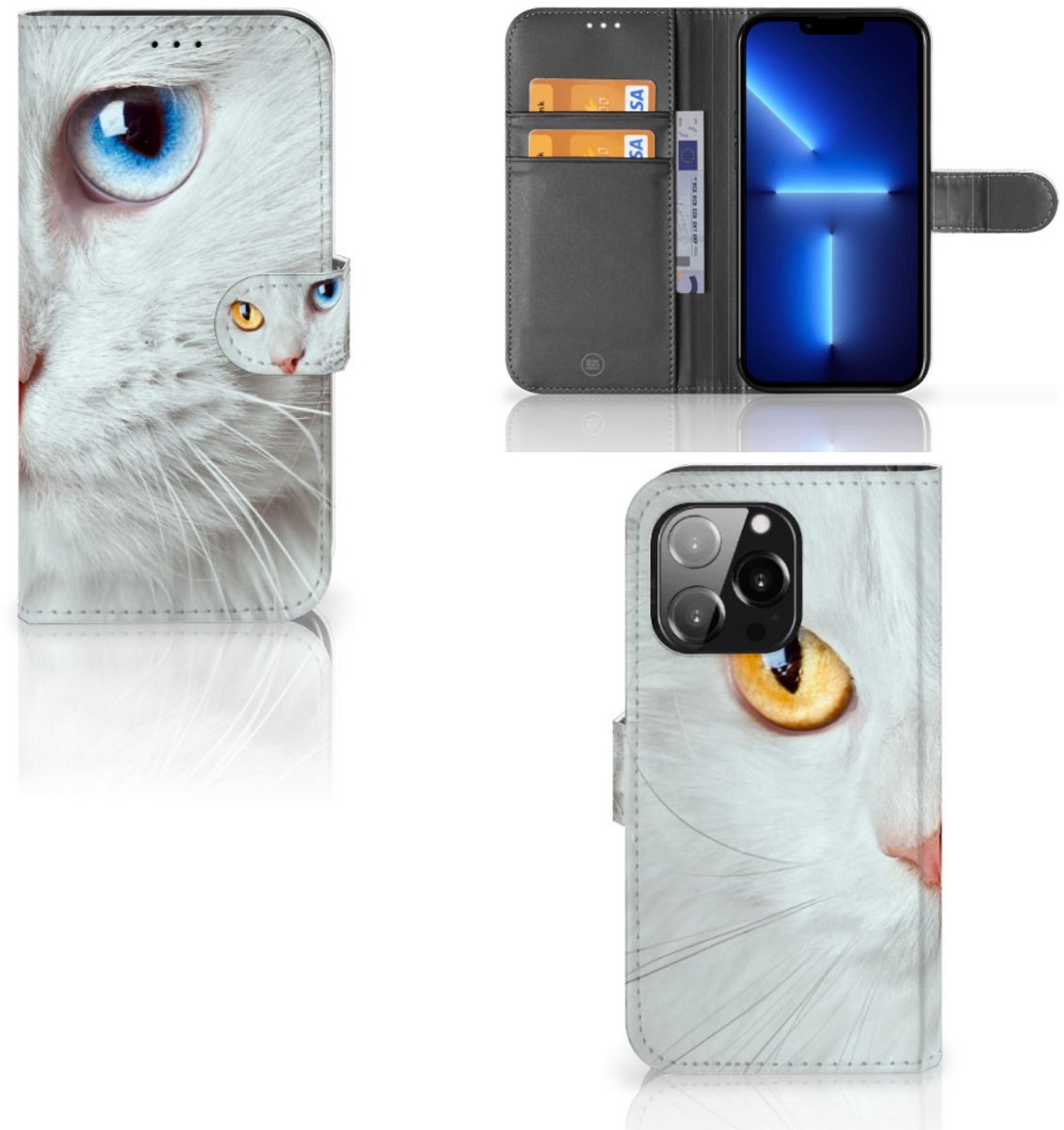 iPhone 13 Pro Telefoonhoesje met Pasjes Witte Kat