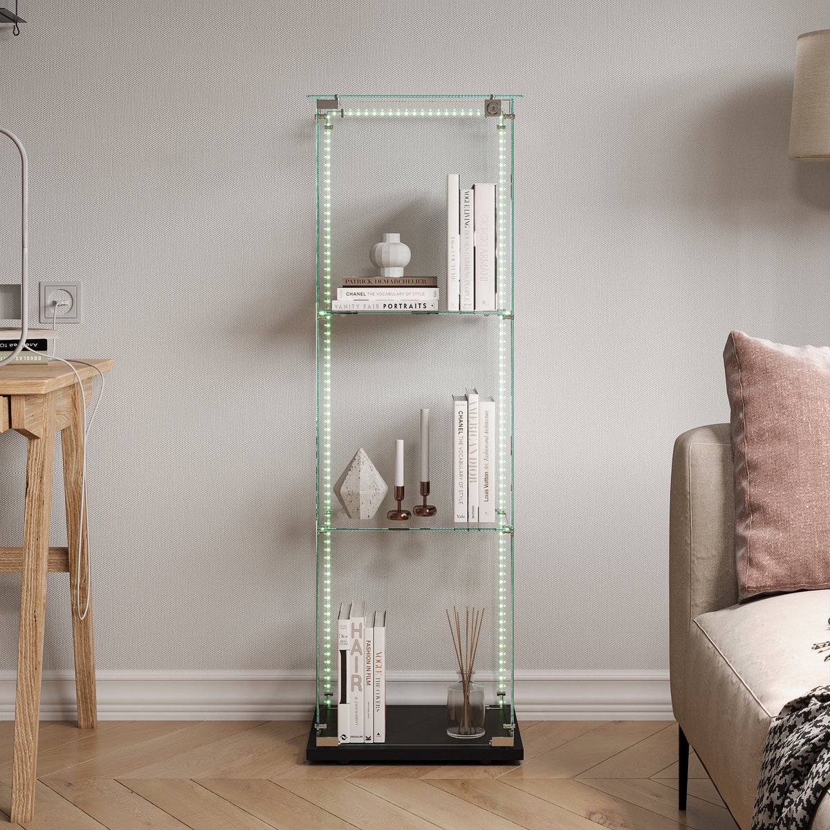 LED vitrinekast met slot, 1 deuren en 3 planken – glazen displaykast voor woonkamer – verz