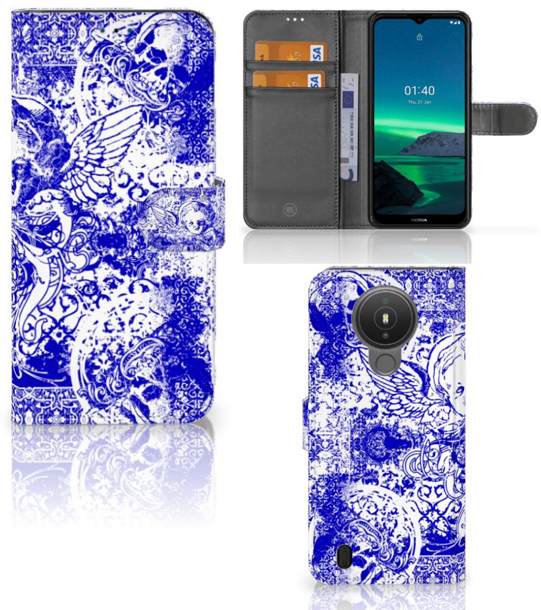 Telefoonhoesje met Naam Nokia 1.4 Angel Skull Blauw