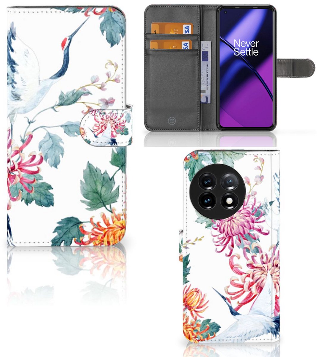 OnePlus 11 Telefoonhoesje met Pasjes Bird Flowers